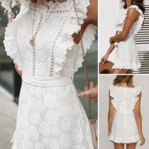 Fashion Solid Color Sleeveless Ruffle Hem Lace Dress