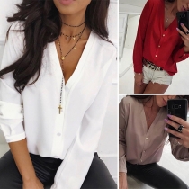 Fashion Solid Color Long Sleeve V-neck Blouse 