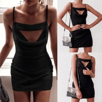 Sexy Backless Hollow Out Cowl Neck Solid Color Slim Fit Sling Dress