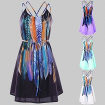 Sexy Backless Feather Printed Sling Dress