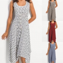 Fashion Sleeveless Round Neck Irregular Hem Striped Dress