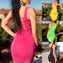 Sexy Backless Sleeveless Round Neck Solid Color Slim Fit Dress