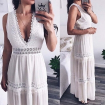 Sexy Backless Deep V-neck High Waist Lace Spliced Dress