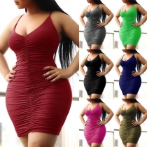 Sexy Backless V-neck Solid Color Slim Fit Sling Tight Dress