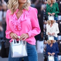 Sweet Style Långärmad V-ringad Enfärgad volangblus