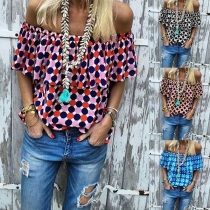 Sexy Off-shoulder Ruffle Boat Neck Printed Top