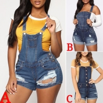 Fashion High Waist Ripped Slim Fit Denim Overalls Shorts 