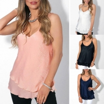 Sexy V-neck Dual-layer Hem Solid Color Cami Top 