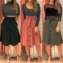Fashion Solid Color High Waist Front-button Skirt 
