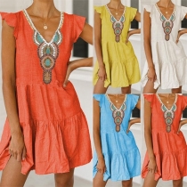 Ethnic Style Cap Sleeve V-neck Printed Dress