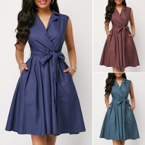 OL Style Sleeveless Notched Lapel Solid Color Dress