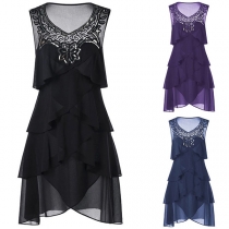 Fashion Sequin Spliced Sleeveless Round Neck Solid Color Dress