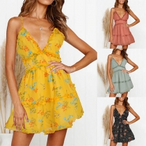 Sexy Backless Deep V-neck Printed Sling Dress