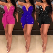 Sexy Strapless V-neck High Waist Beaded Romper 