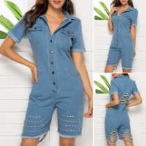 Punk Style Short Sleeve POLO Collar Ripped Rivets Denim Romper 