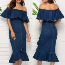 Sexy Ruffle Boat Neck Fishtail Hem Slim Fit Denim Dress