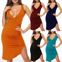 Sexy Deep V-neck Irregular Hem Sleeveless Slim Fit Dress