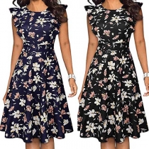 Sweet Style Lotus Sleeve Round Neck Printed Dress