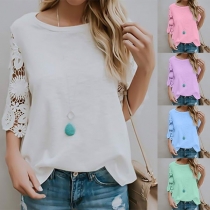 Fashion Lace Spliced 3/4 Sleeve Round Neck Solid Color Top 