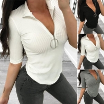 Fashion Solid Color Half Sleeve Ziper V-neck Slim Fit T-shirt 