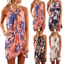 Sexy Backless Irregular Hem Printed Halter Dress