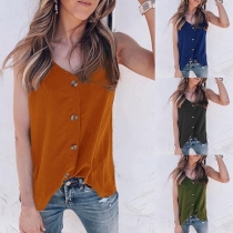 Fashion Solid Color Sleeveless V-neck Front-button Top 
