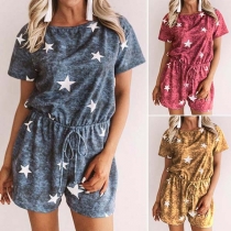 Fashion Star Printed Short Sleeve Round Neck Drawstring Waist Romper 