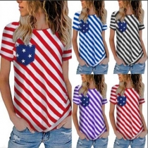Fashion Short Sleeve Round Neck Striped T-shirt 