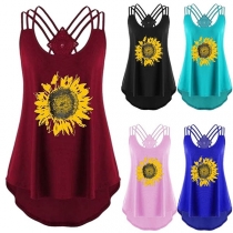 Sexy Backless High-low Hem Sunflower Printed Sling T-shirt 