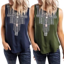 Fashion Sleeveless Round Neck Embroidered Top