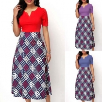 Fashion Short Sleeve V-neck High Waist printed Spliced Dress