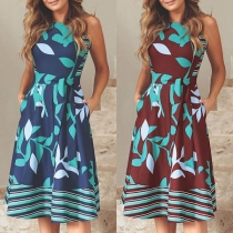 Fashion Sleeveless Round Neck High Waist Printed A-line Dress