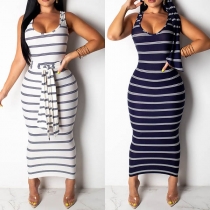 Fashion Sleeveless Round Neck Striped Maxi Dress