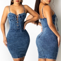 Sexig rygglös V-ringad Figursydd Sling Jeansklänning