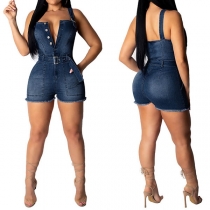 Sexy Backless V-neck High Waist Slim Fit Sling Denim Romper 