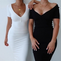 Elegant Solid Color Short Sleeve V-neck Slim Fit Dress