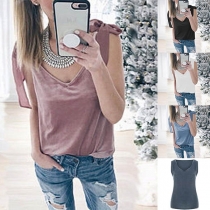 Fashion Solid Color Sleeveless V-neck Bowknot T-shirt
