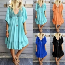 Fashion Solid Color Half Sleeve Ruffle Hem Loose Dress