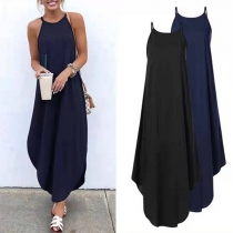 Fashion Solid Color Round Neck Irregular Hem Sling Dress