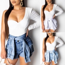 Fashion  High Waist Lace-up Front-pocket Denim Shorts 