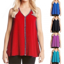 Fashion Sleeveless V-neck Sequin Spliced Loose Top 