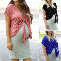 Fashion Short Sleeve Lace-up Cardigan + Sling Dress Two-piece Set for Pregnant Women
