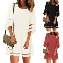 Fashion Gauze Spliced Trumpet Sleeve Round Neck Loose Dress