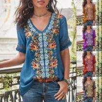 Fashion Short Sleeve V-neck Printed Spliced Top 