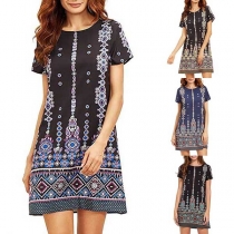 Bohemian Style Short Sleeve Round Neck Printed Dress
