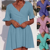 Fashion Solid Color Lotus Sleeve V-neck Dress