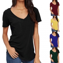 Fashion Solid Color Short Sleeve V-neck T-shirt