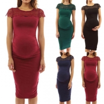 Sexy Lace Spliced Short Sleeve Round Neck Maternity Dress