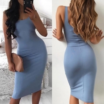 Sexy Backless U-neck Solid Color Slim Fit Tank Dress