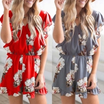 Sweet Style Lotus Sleeve V-neck Printed Romper 